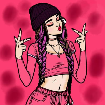 realistic teenage girl with braids and a beanie and crop top doing 🫶🏼