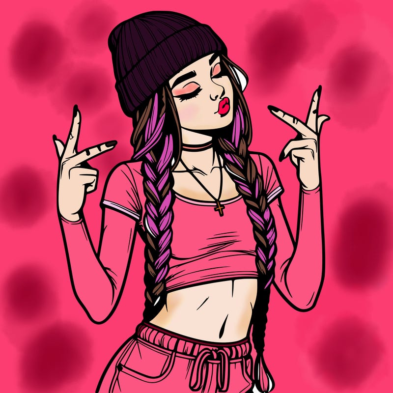 realistic teenage girl with braids and a beanie and crop top doing 🫶🏼