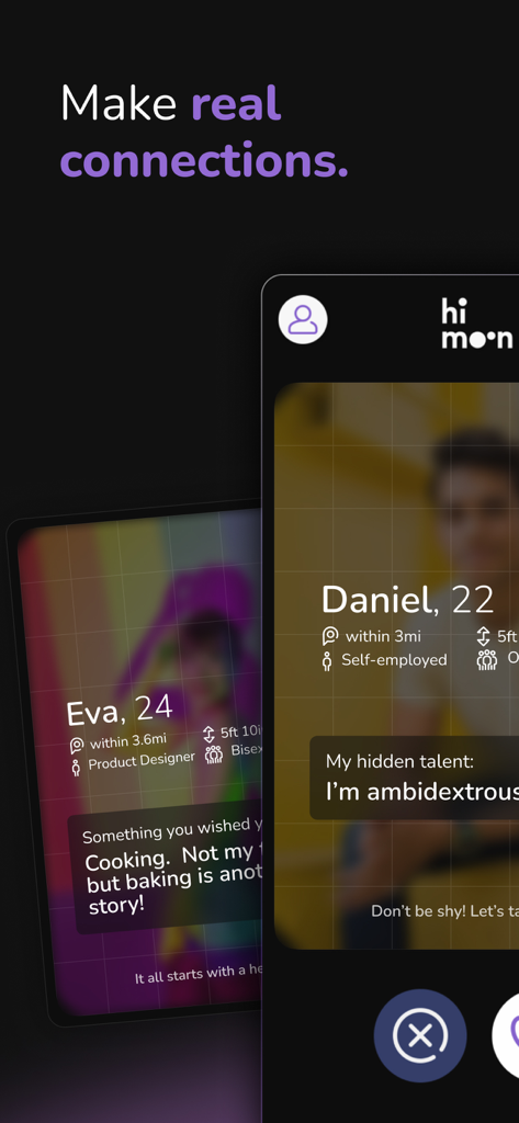 HiMoon: LGBTQ+ Dating & Chat - Interface of HiMoon dating app showing profiles with blurred background photos and personal bio details.