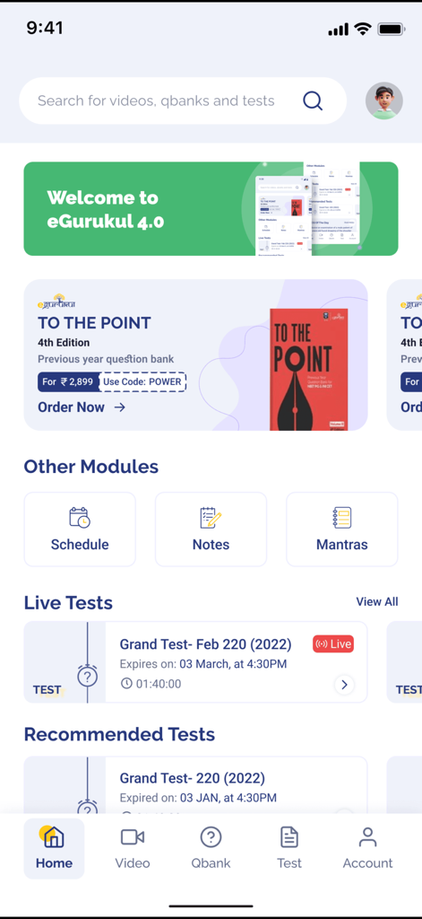 Dashboard of the eGurukul medical exam preparation app showing live tests study modules and navigation menu