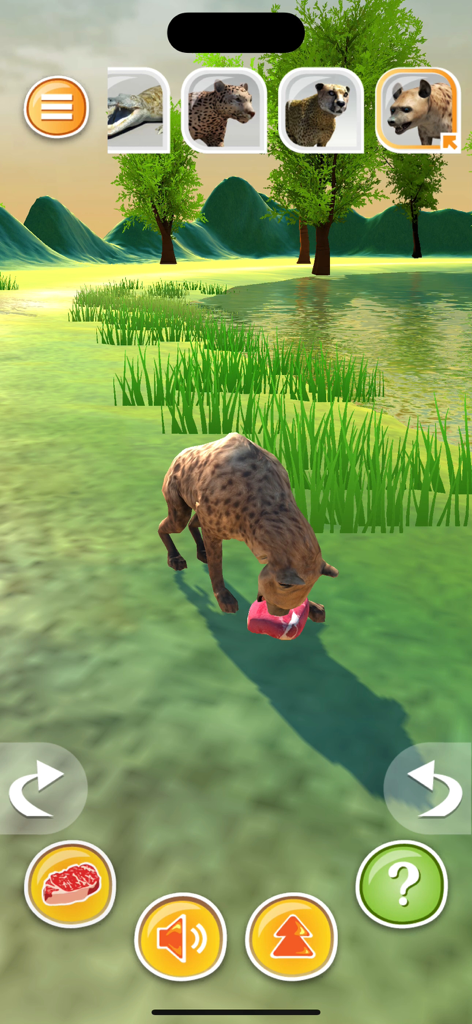 Animal Simulator 3D-Predetors - A 3D hyena character eating meat in a grassy wilderness environment within the Animal Simulator 3D-Predators mobile app.