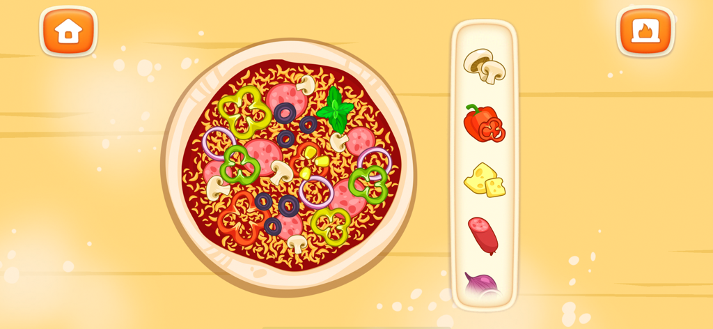 Pizza Maker: Kids Cooking Game - A colorful digital pizza being decorated with various toppings in a kids cooking game interface.
