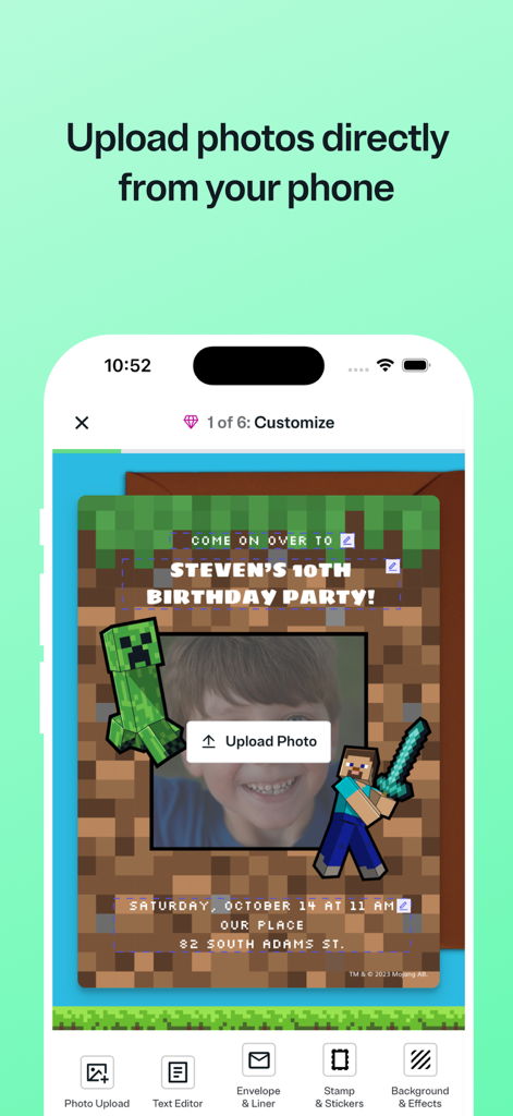 Evite: Party Invitation Maker - Evite mobile app interface displaying a Minecraft-themed 10th birthday party invitation with an option to upload a personal photo