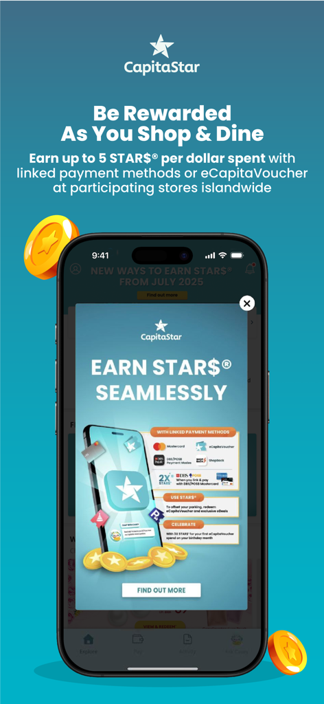 CapitaStar app screen showing rewards for shopping and dining with linked payment methods