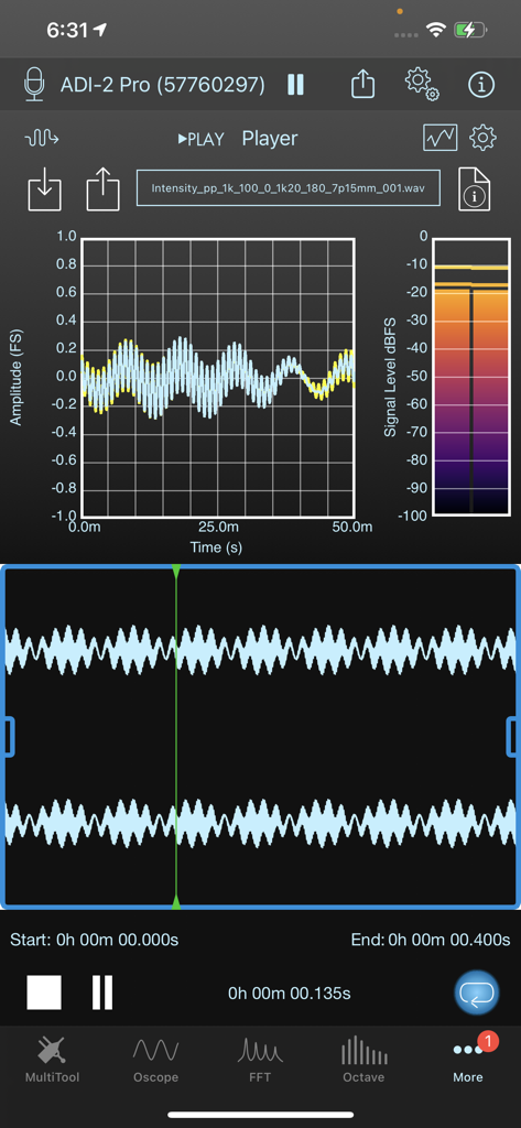 SignalScope X - Interface do aplicativo SignalScope X exibindo forma de onda de áudio em tempo real e medidor de nível de sinal.