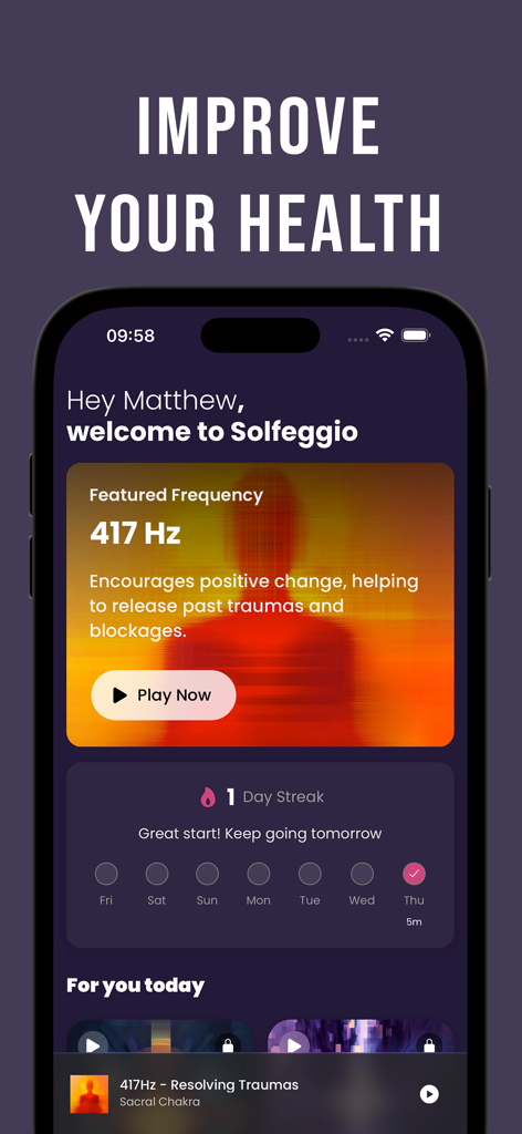 Solfeggio Frequencies - Chakra - Dashboard dell'app Frequenze Solfeggio che mostra la frequenza 417 Hz per la risoluzione dei traumi e un tracker di striscia di meditazione giornaliera
