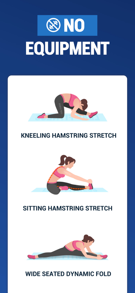 Tres estiramientos ilustrados de isquiotibiales y flexibilidad para el entrenamiento de splits sin necesidad de equipo.