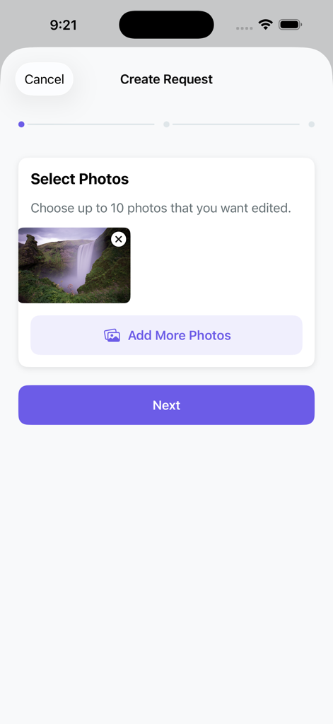 PSme - Interface of PSme app showing the create request screen with photo selection for editing.