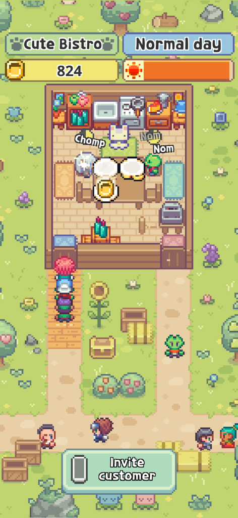 Meow Bistro! - Vista in pixel art di un adorabile bistrot con un gatto cameriere e clienti in coda