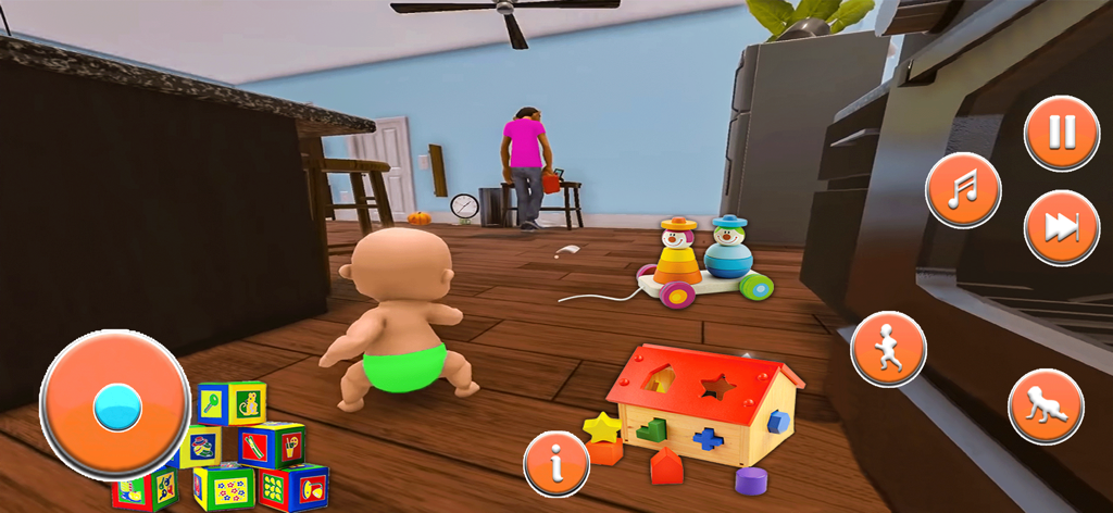 Where is Your Daddy: Boss Baby - Jugabilidad del simulador de "Boss Baby" que muestra a un bebé con pañal verde explorando una cocina con juguetes.