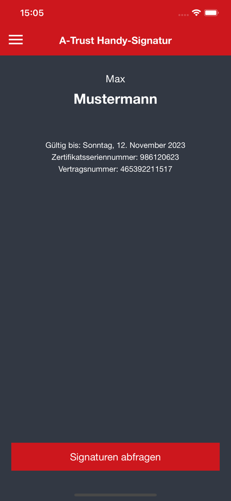 Interfaccia dell'app A-Trust Handy-Signatur che mostra i dettagli del certificato utente e il pulsante di richiesta firma