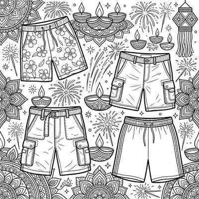 Dive into a unique blend of fashion and festivity with this captivating coloring page, showcasing various men's shorts amidst a vibrant Diwali celebration. Discover the joy of coloring intricate diyas, dazzling fireworks, and stylish apparel.