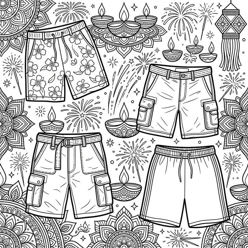 Dive into a unique blend of fashion and festivity with this captivating coloring page, showcasing various men's shorts amidst a vibrant Diwali celebration. Discover the joy of coloring intricate diyas, dazzling fireworks, and stylish apparel.
