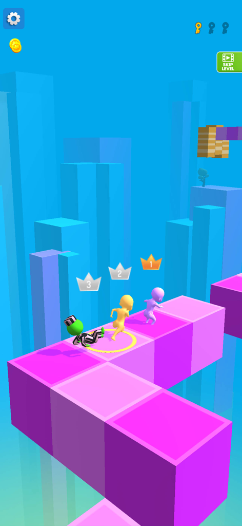 Tap Fast Run - Running Game - Three runners competing on a pink and purple block path in a vibrant blue city environment
