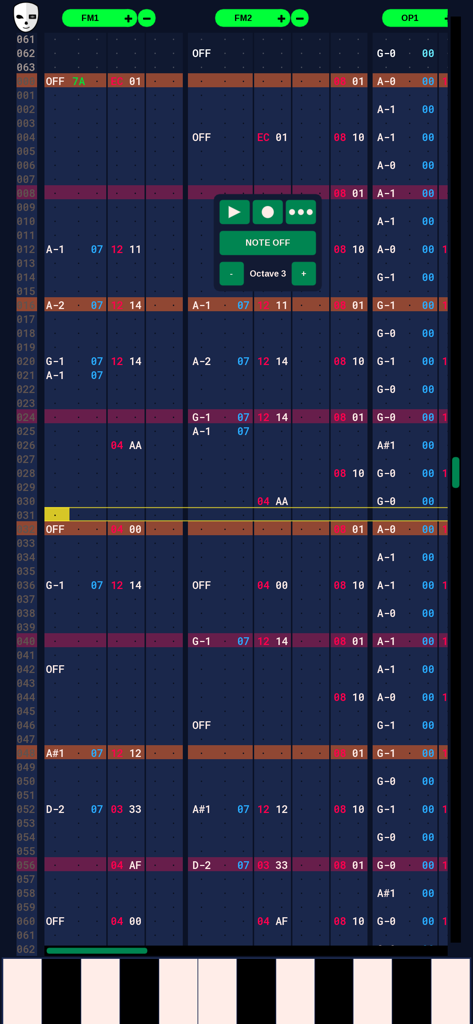 Technical vertical interface of the DefleMask Mobile chiptune tracker showing music note data and parameters