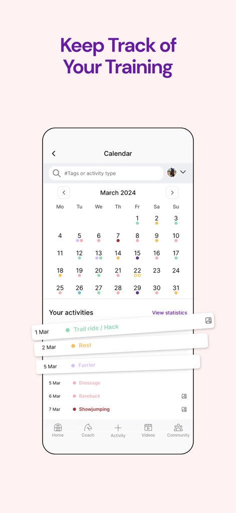 Screenshot of the Ridely app showing a monthly equestrian training calendar with logged activities like dressage and farrier visits