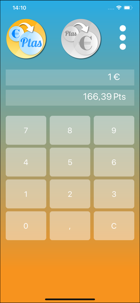 Peseta Euro Conversor - Interfaz de la aplicación móvil que muestra la conversión de un euro a pesetas españolas con un teclado numérico