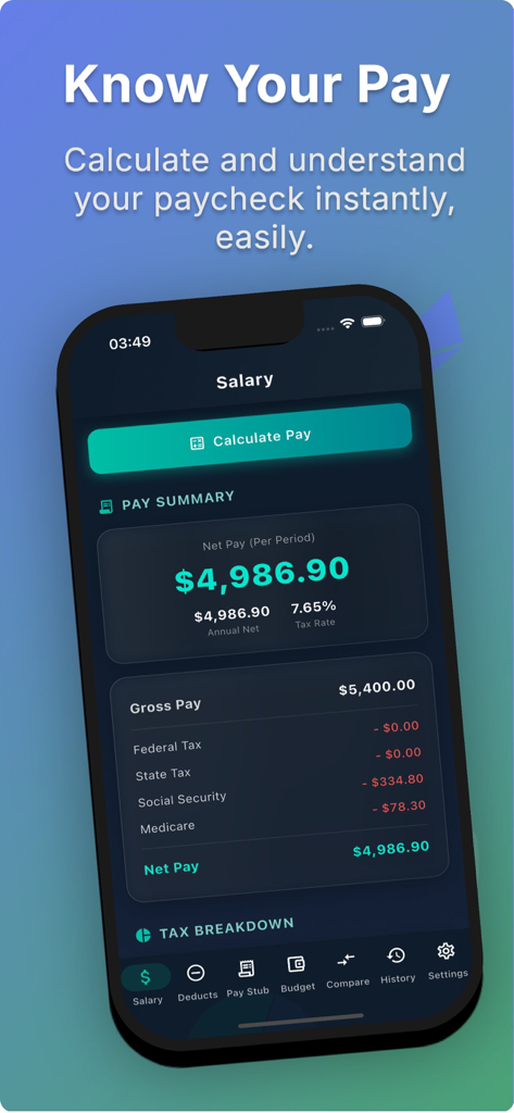 総支給額、税金控除、手取り収入の概要を示す給与明細のモバイルアプリインターフェース