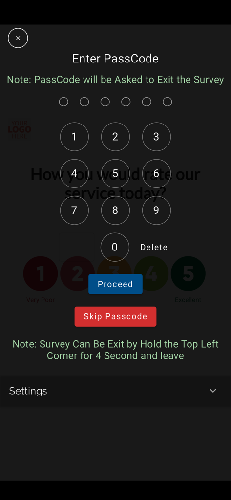 Customer Feedback Survey KIOSK - Passcode entry screen for exiting the customer feedback kiosk app