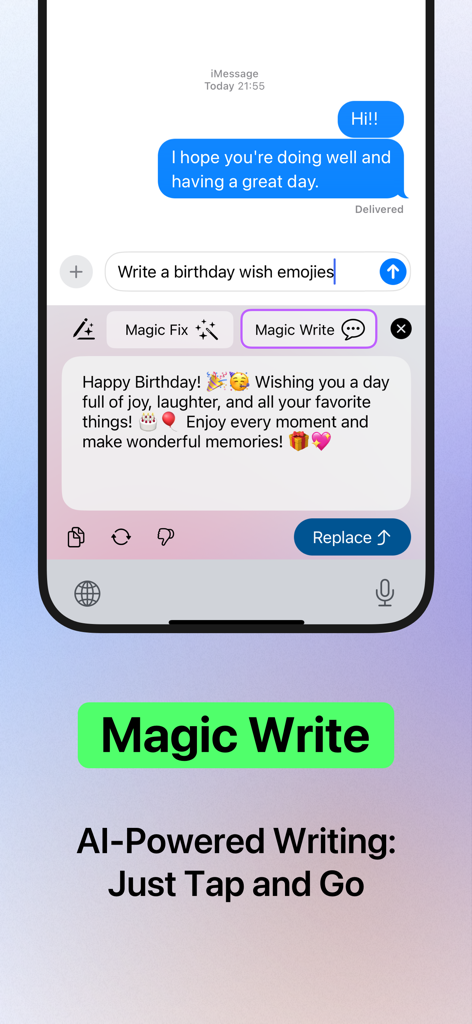 AI Keyboard Type AI – AnyWrite - Le clavier IA AnyWrite montrant la fonction Magic Write générant un message d'anniversaire dans l'application iMessage