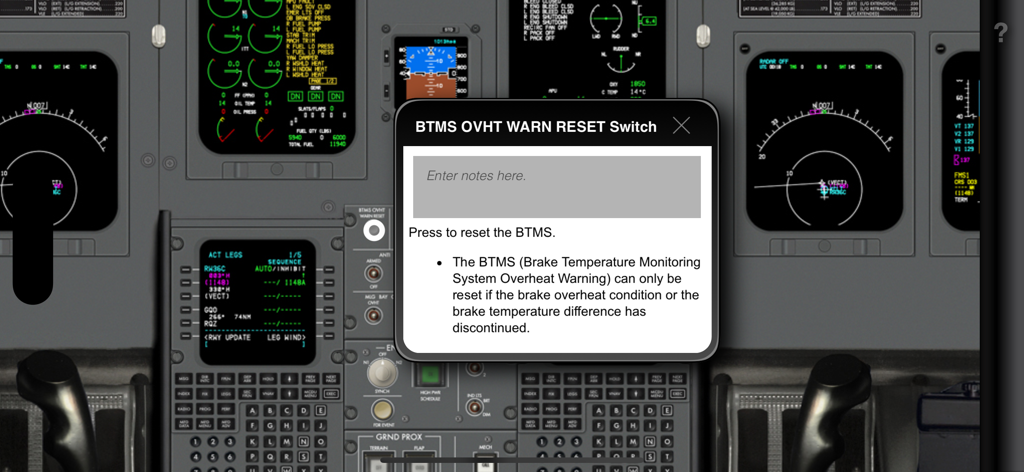 CRJ-700 cockpit interface showing a pop-up description for the BTMS reset switch with a custom notes field