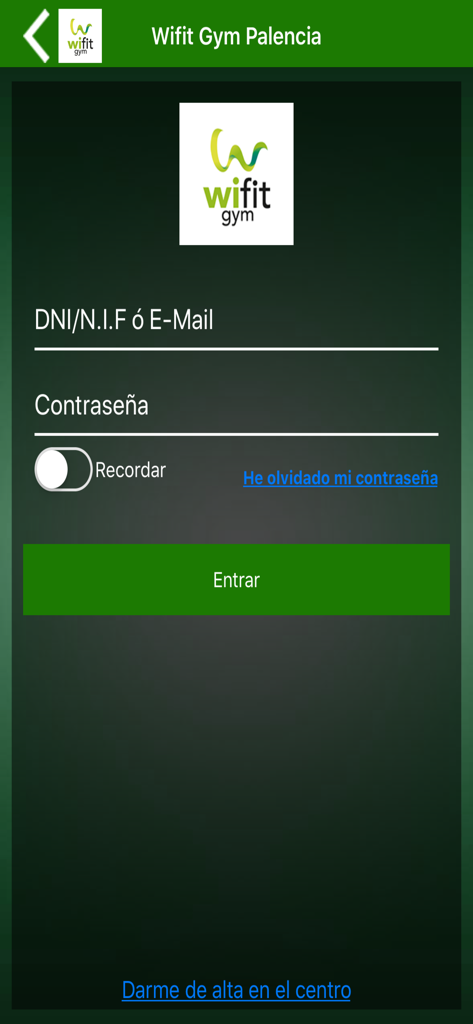 Schermata di accesso per l'app Wifit Gym con campi per ID utente e password.