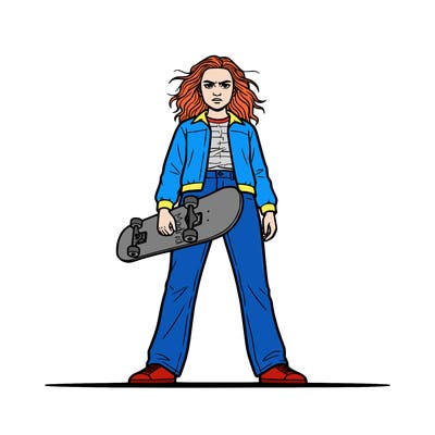 max mayfield holding a skateboard standing straight and having a serious face