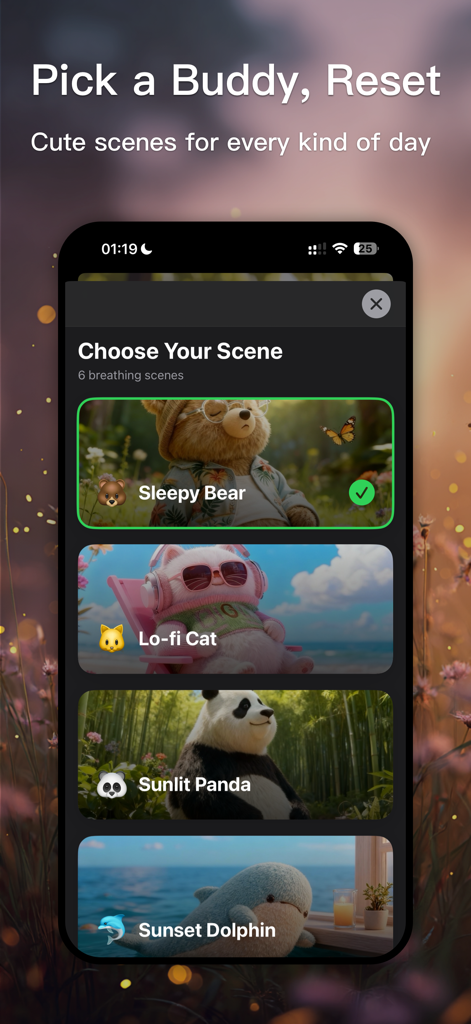 A selection menu in the Chill Tap app showing various cozy breathing scenes with cute animal characters like Sleepy Bear and Lo-fi Cat