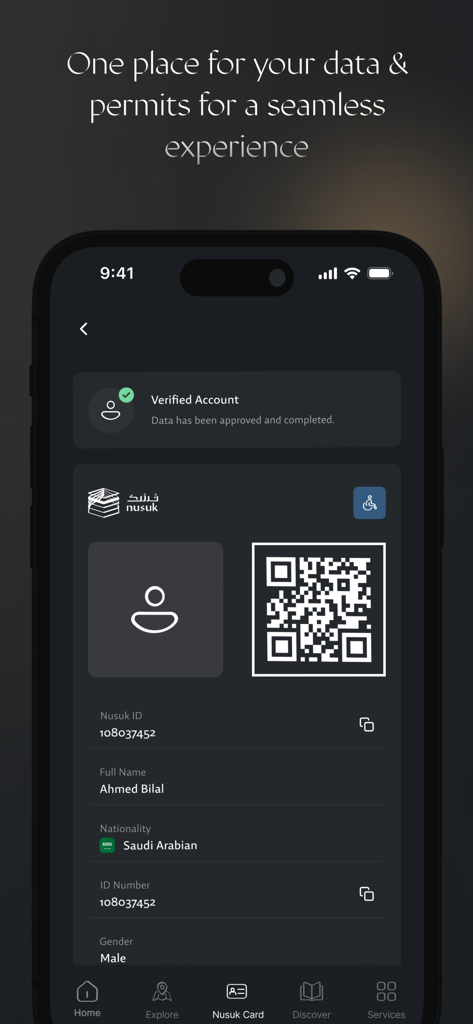 The Nusuk app verified account profile screen showing user details and a QR code for Hajj and Umrah pilgrims.