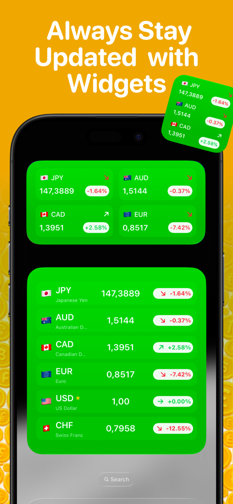 Currency Converter & Tracker - Widgets de pantalla de inicio de iOS que muestran tasas de cambio de divisas en vivo y seguimiento de precios de 24 horas