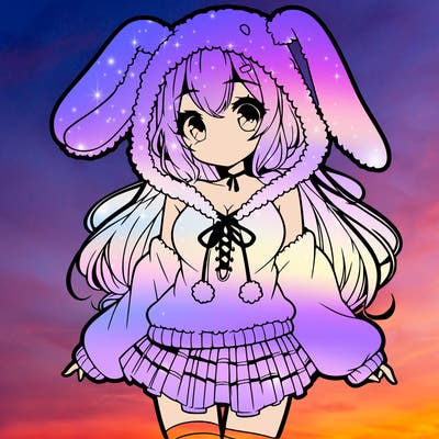 pretty anime girl wearing a fluffy hoodie with bunny ears on the hood and a skirt