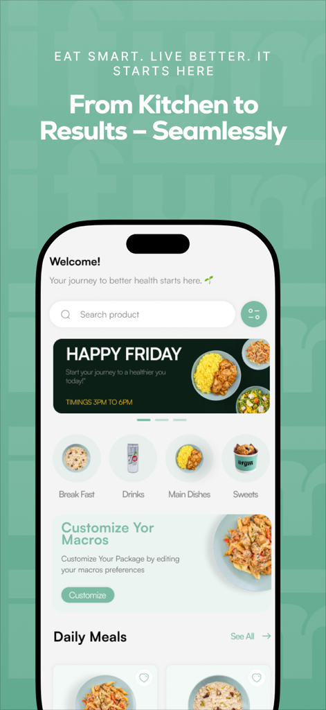 La pantalla de inicio de la app de catering IIFYM, con categorías de comidas y opciones de personalización de macros