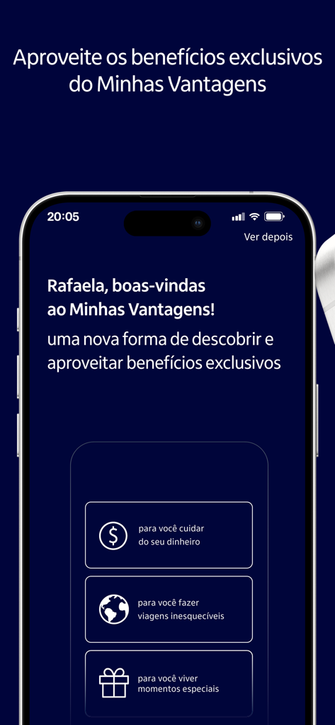 Pantalla de bienvenida de la aplicación Itaú Personnalité para el programa de recompensas Minhas Vantagens