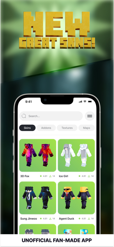 Interface of the All MCPE Addons app showing various custom character skins for Minecraft