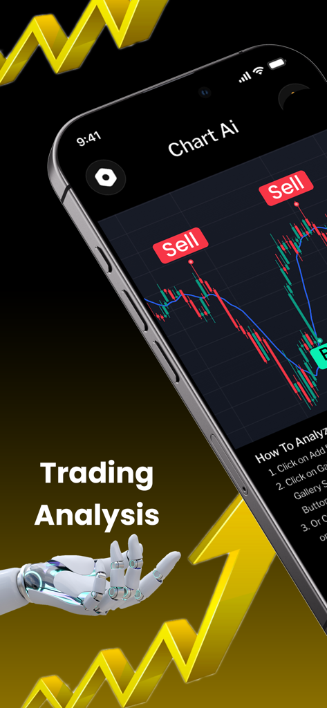 Crypto Chart AI Trading Signal - AIの売りシグナルと分析が表示された仮想通貨取引チャートを示すモバイルアプリのインターフェース
