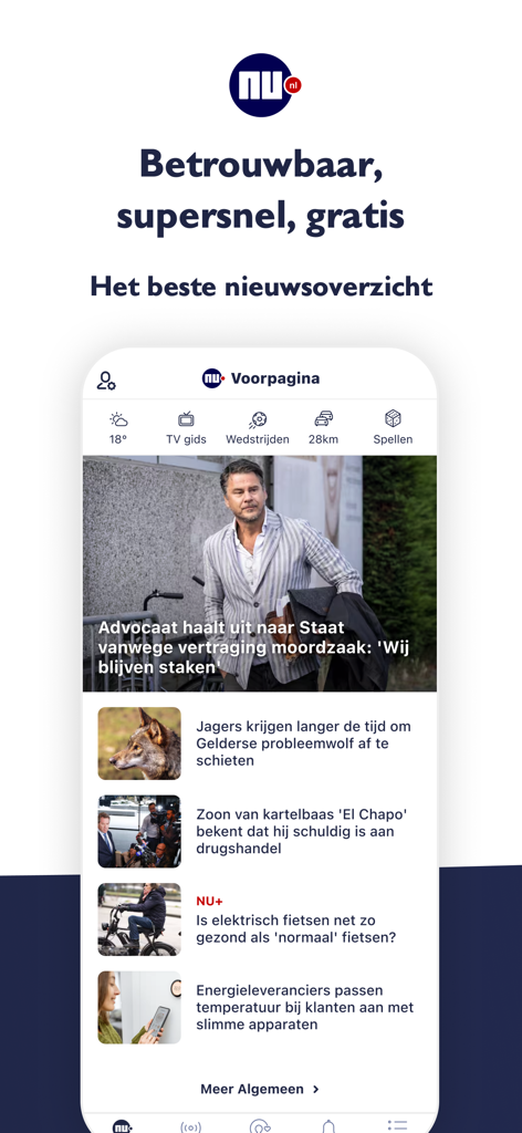 NU.nl - Página principal de la aplicación de noticias NU.nl que muestra titulares holandeses y categorías como deportes y clima.