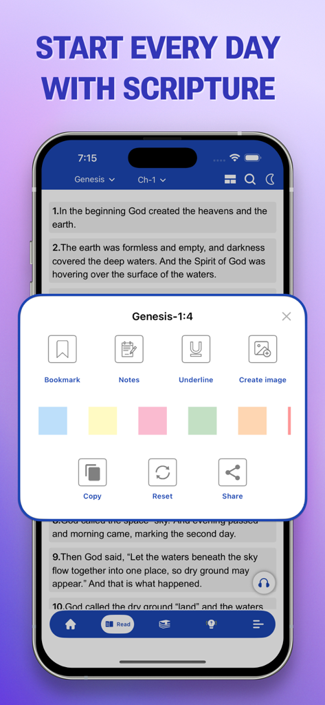 The Message Bible Pro app interface showing verse interaction options like bookmarking, highlighting, and note-taking