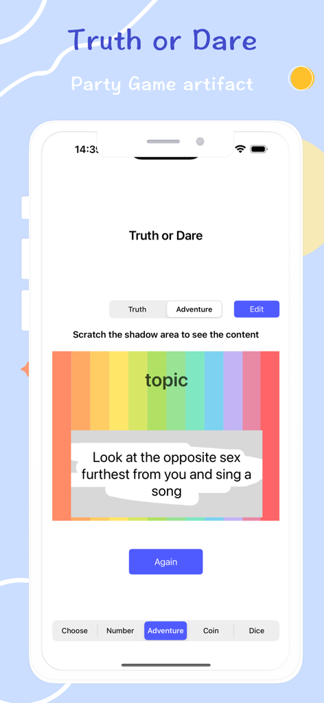 Tela Verdade ou Desafio no aplicativo Decisions com um desafio social para festas