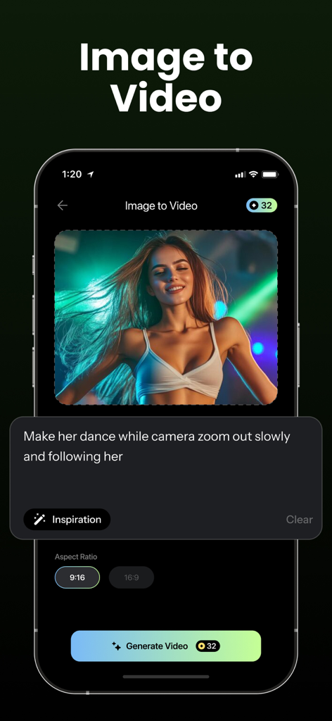 AI Photo to Video - Daziro - Interface of the Daziro app showing the Image to Video feature with a text prompt to animate a photo.