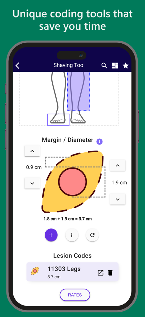 iCoder CPT RVU ICD10 HCPCS - iCoder App-Oberfläche, die ein medizinisches Scherenwerkzeug zur Berechnung von Läsionsmessungen und den entsprechenden CPT-Codes zeigt.