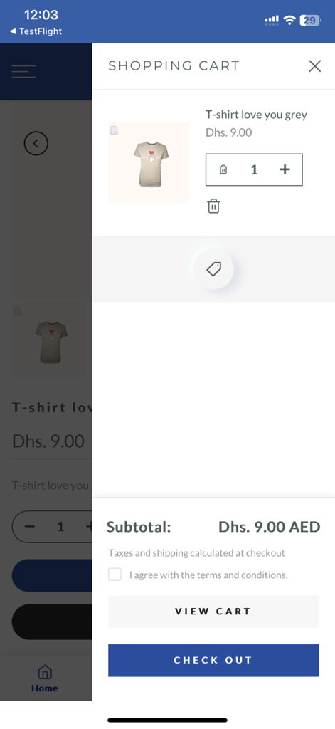 SH Shopping - SH Shopping app cart view showing a grey fashion tshirt and checkout buttons