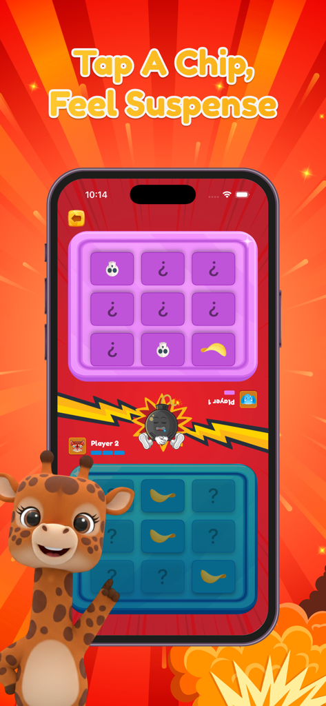 Bomb Challenge Duel Game - A mobile game interface of Bomb Challenge Duel showing a two-player grid with hidden bombs and a cartoon giraffe character.