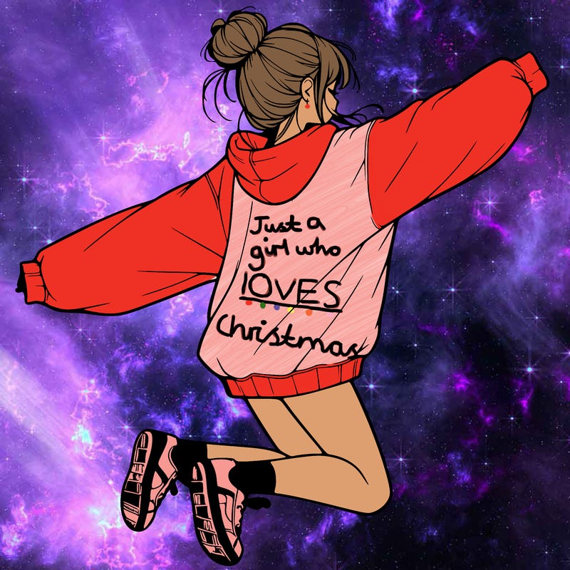 realistic girl jumping with a bun and oversized sweatshirt
