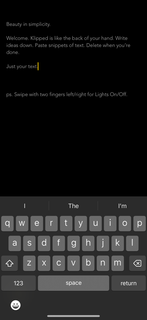 Minimalist dark mode interface of the Klipped text editor app
