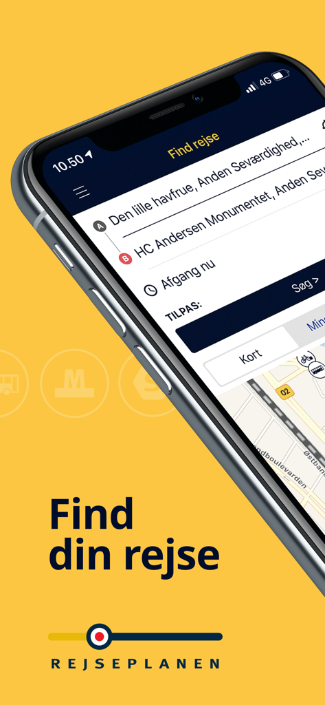 Rejseplanen - Interface de l'application mobile Rejseplanen affichant une recherche d'itinéraire de La Petite Sirène au monument HC Andersen