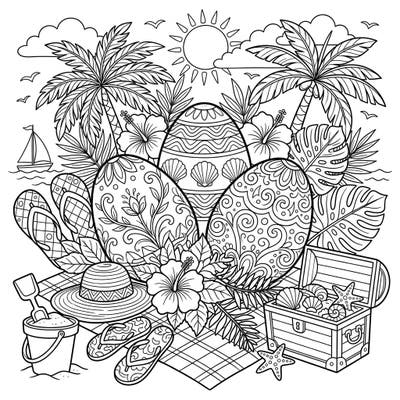 Celebrate the joy of two seasons with this delightful coloring page featuring intricately designed ceramic Easter eggs on a sun-drenched summer beach. Unleash your creativity by bringing to life palm trees, tropical flowers, and ocean treasures in this unique holiday fusion.