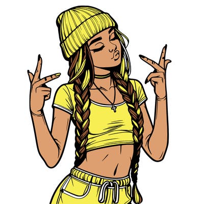realistic teenage girl with braids and a beanie and crop top doing 🫶🏼