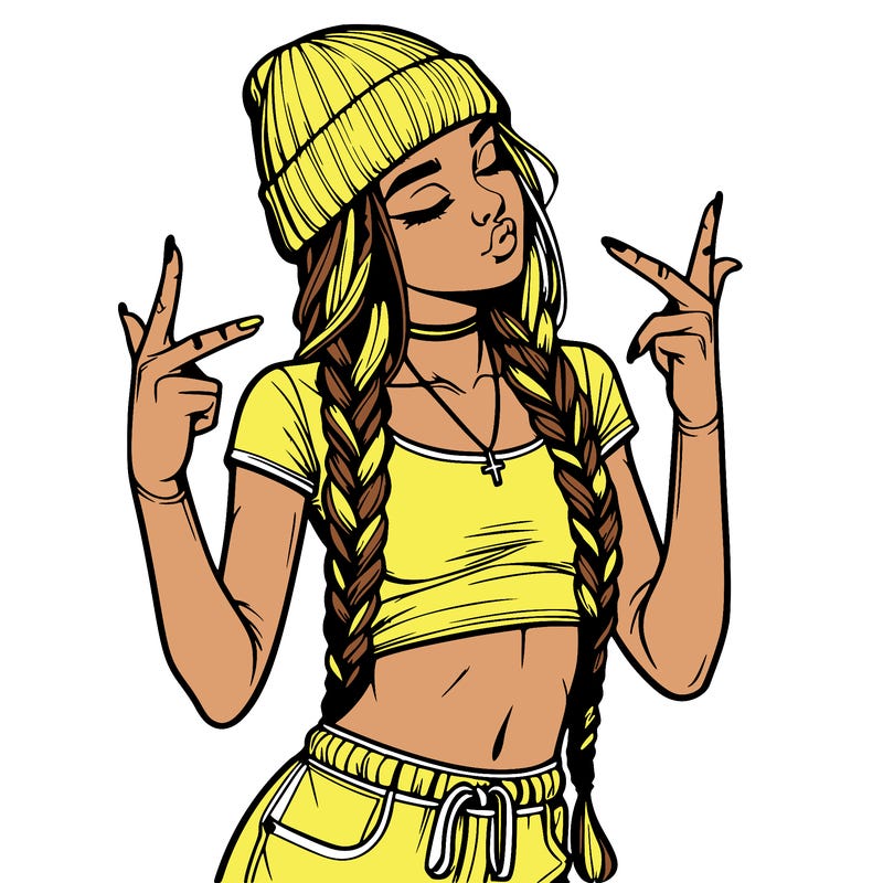 realistic teenage girl with braids and a beanie and crop top doing 🫶🏼