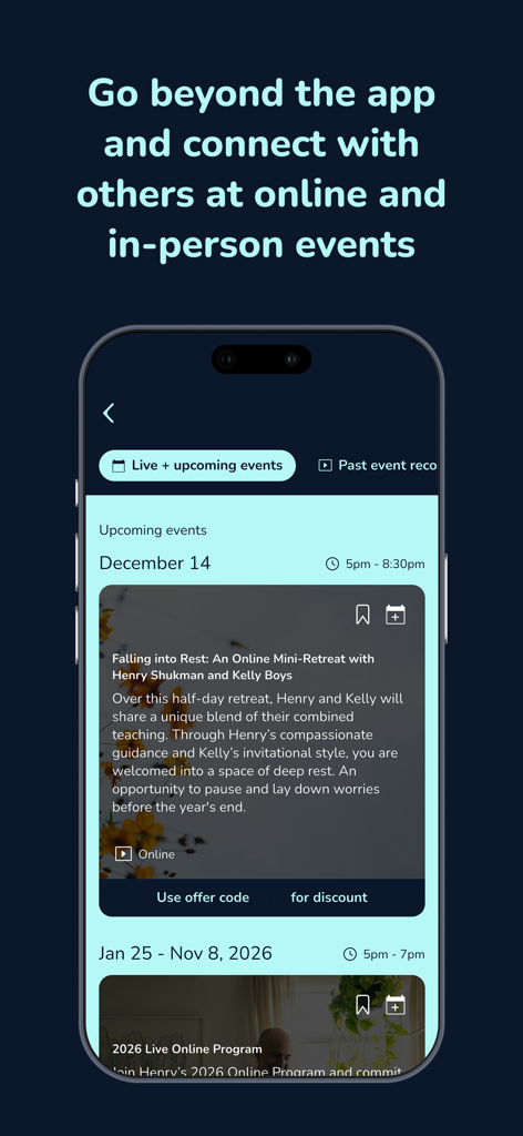The Way app screen showing upcoming online meditation retreats and live programs led by Zen masters