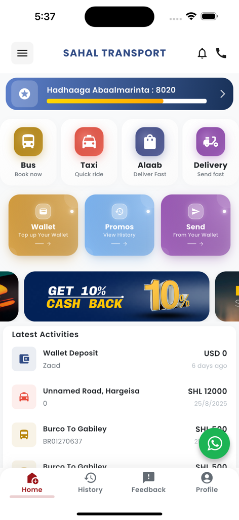 Sahal Transport - The home screen of the Sahal Transport mobile app showing various service icons including bus taxi parcel delivery and wallet features